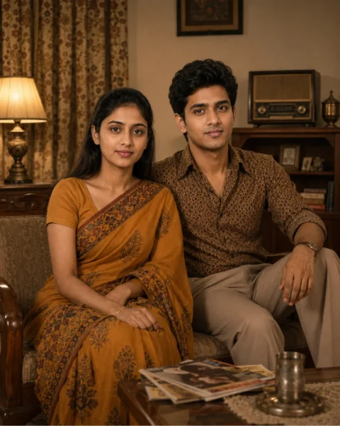 7 Gemini AI Retro Couple Photo Prompts to Copy - LatestImage Indian couple in a warm 1970s living room created with Gemini AI