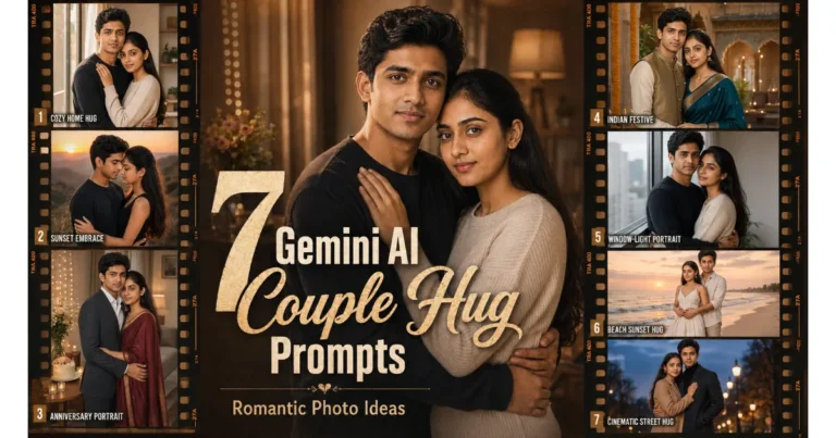 Collage showing seven romantic couple hug prompts for Gemini AI with home, sunset, festive, beach, and cinematic scenes