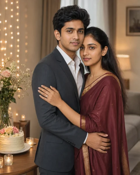 7 Best Couple Hug Prompts for Gemini AI - LatestImage Husband and wife sharing a warm anniversary hug beside flowers, lights, and a celebration cake