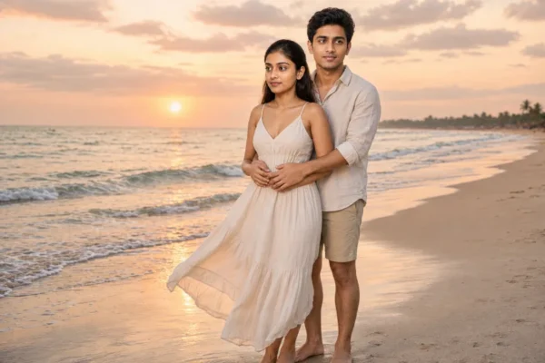 7 Best Couple Hug Prompts for Gemini AI - LatestImage Adult couple sharing a relaxed back hug beside the sea during a pastel sunset