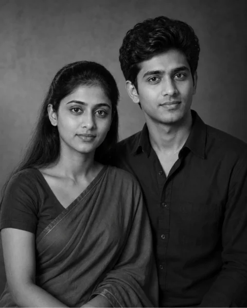 7 Gemini AI Retro Couple Photo Prompts to Copy - LatestImage Black-and-white studio portrait of a young Indian couple