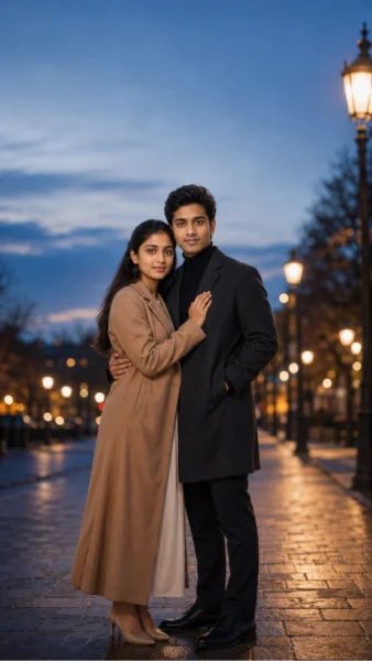 7 Best Couple Hug Prompts for Gemini AI - LatestImage Adult couple embracing beneath warm streetlights during blue hour on a quiet pedestrian street