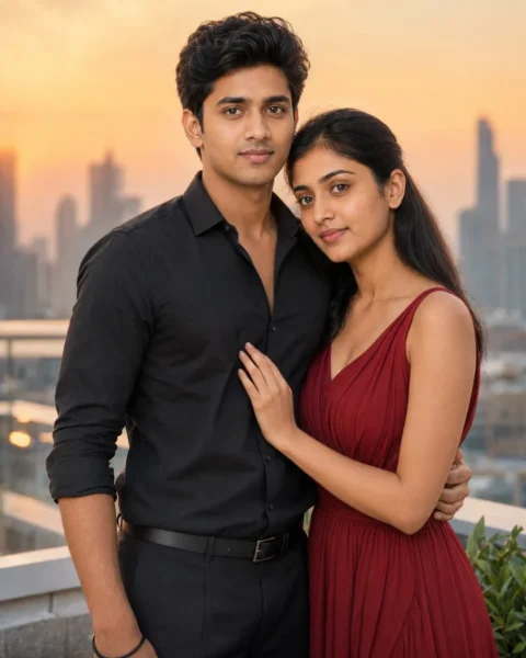 Romantic couple posing on a rooftop at sunset using a Gemini AI prompt
