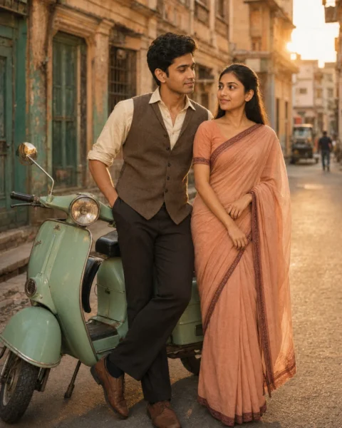 7 Gemini AI Retro Couple Photo Prompts to Copy - LatestImage Retro Indian couple posing beside a classic scooter on an old city street