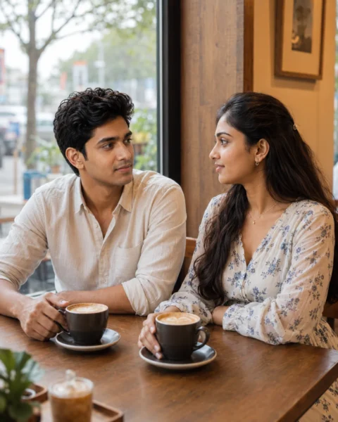 Romantic couple sharing coffee during a cozy café date