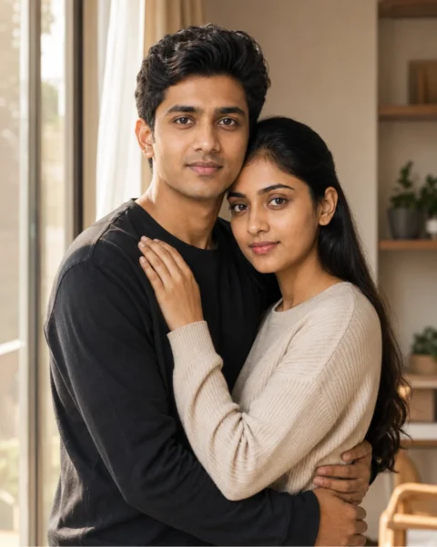 7 Best Couple Hug Prompts for Gemini AI - LatestImage Young adult couple sharing a gentle morning hug beside a bright window at home
