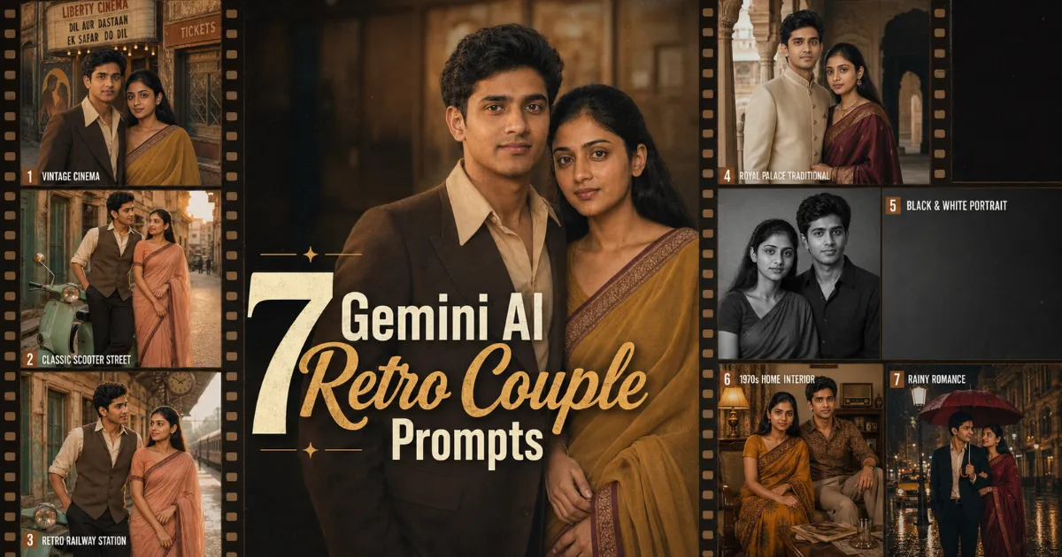 Seven Gemini AI retro couple photo prompt examples