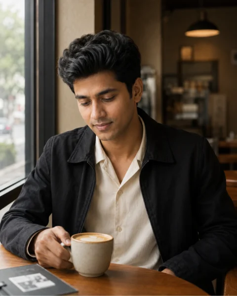 Gemini AI emotional boy portrait sitting alone in a quiet café