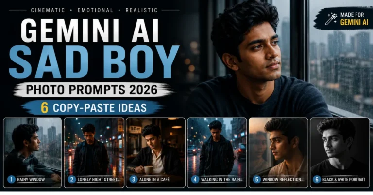 Gemini AI sad boy photo prompts 2026 showing cinematic emotional portrait examples