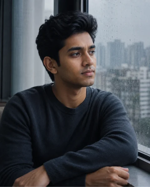 Gemini AI sad boy portrait prompt beside a rainy window