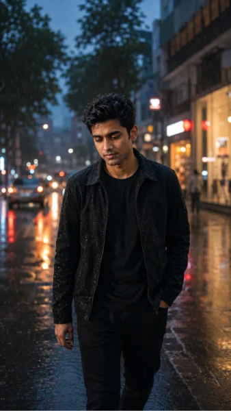 Sad boy AI photo prompt showing a young man walking alone in the rain