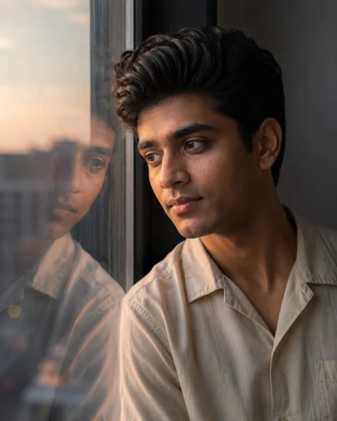 Cinematic sad boy AI portrait with a realistic window reflection