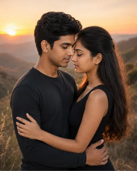 7 Best Couple Hug Prompts for Gemini AI - LatestImage Romantic adult couple embracing on a hillside during a warm golden-hour sunset