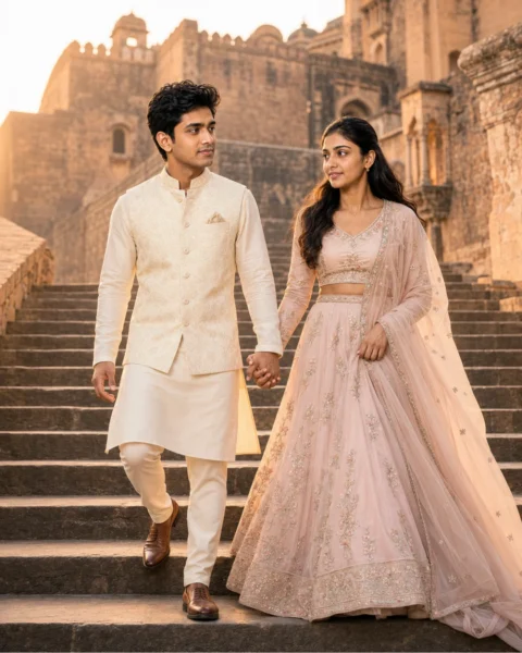 Couple walking down heritage fort steps in a pre-wedding photo