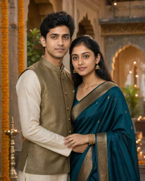 7 Best Couple Hug Prompts for Gemini AI - LatestImage Indian couple sharing a gentle side hug in traditional festive clothing and a decorated courtyard