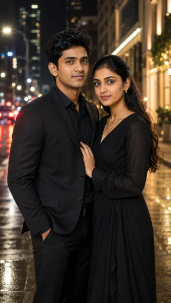 Stylish romantic couple posing on a modern city street at night
