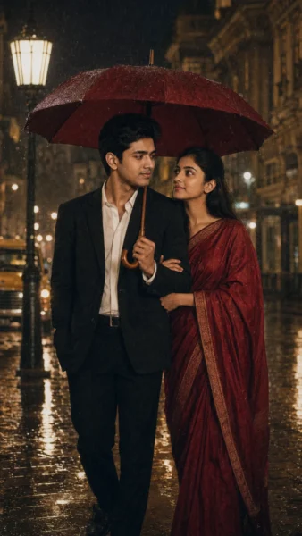 7 Gemini AI Retro Couple Photo Prompts to Copy - LatestImage Retro Indian couple walking under a red umbrella on a rainy street