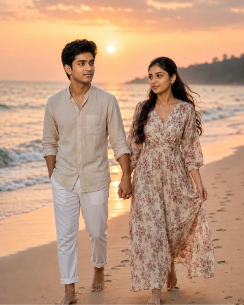Romantic couple walking hand in hand on a beach during sunset