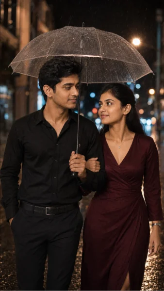 Romantic couple walking under a transparent umbrella on a rainy street at night