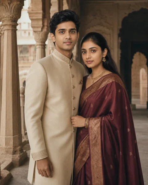 7 Gemini AI Retro Couple Photo Prompts to Copy - LatestImage Indian couple wearing traditional outfits in a heritage palace corridor