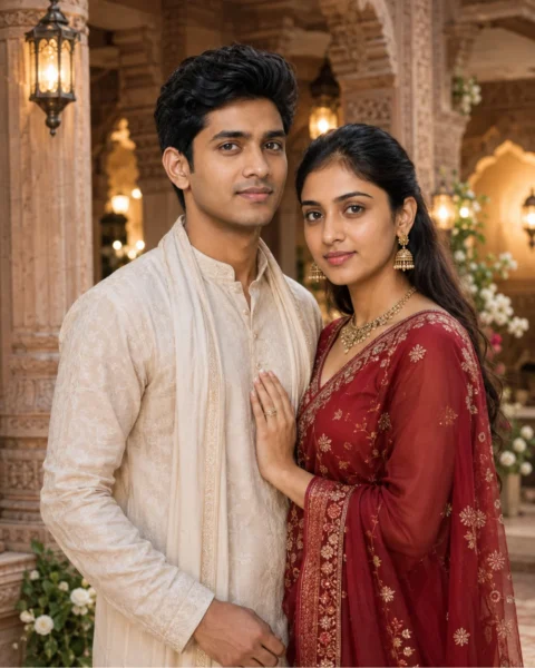 Indian couple in traditional outfits inside a royal heritage courtyard