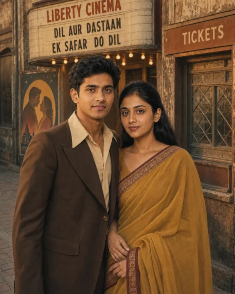 7 Gemini AI Retro Couple Photo Prompts to Copy - LatestImage Indian couple in a vintage cinema portrait created with a Gemini AI prompt